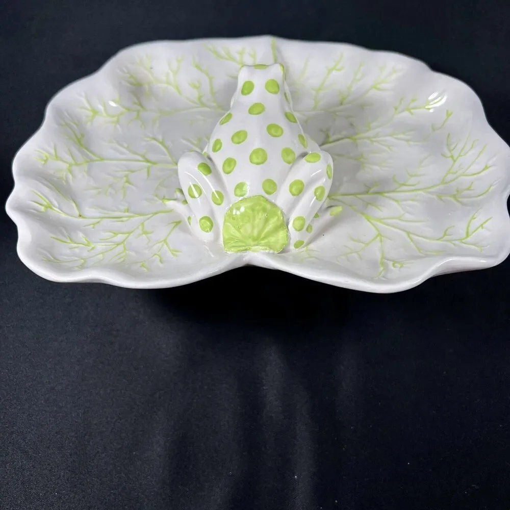 VTG Italian ceramic plate green dotted frog lily pad green white figural